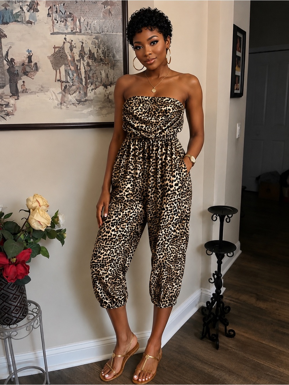 Strapless Leopard Print Jumpsuit in Tan